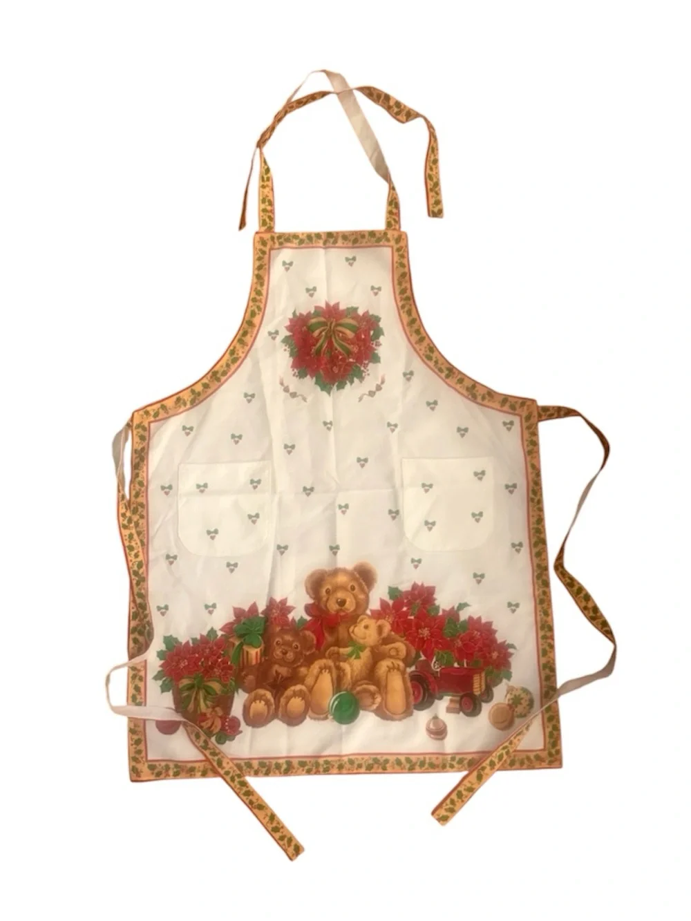 Handmade Christmas Bears Tie Back Apron Holiday Teddy Bears Pointsetta Apron